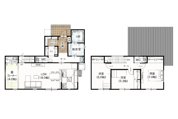熊本市南区良町5丁目2期8号地 32坪4SSLDK 間取り図 1階床面積 62.93㎡（19.03坪） 2階床面積 45.54㎡（13.77坪） 建物面積 108.47㎡（32.81坪） 土地面積 170.10㎡（51.45坪）