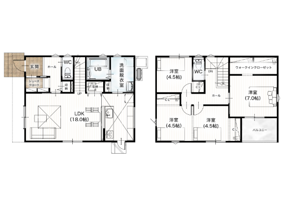 合志市幾久富4期1号地 31坪 4SLDK 間取り図 1階床面積 52.17㎡(15.78坪) 2階床面積 52.99㎡(16.02坪) 建物面積 105.16㎡(31.81坪) 土地面積 128.22㎡(38.78坪)