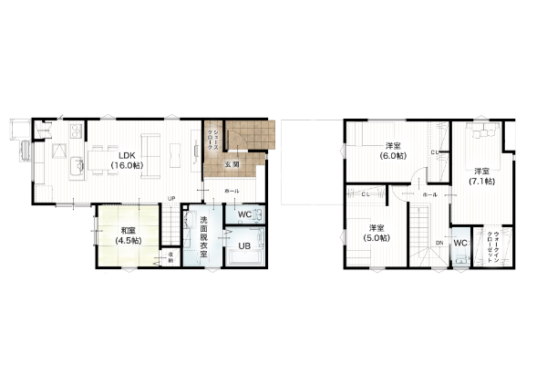 熊本市南区八幡10丁目1号地 30坪 4SLDK 間取り図 1階床面積 53.82㎡(16.28坪) 2階床面積 45.75㎡(13.83坪) 建物面積 99.57㎡(30.11坪) 土地面積 174.31㎡(52.72坪)