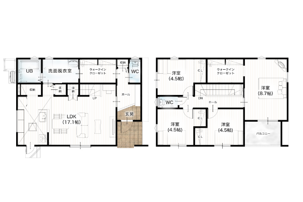 熊本市南区八幡10丁目2号地 33坪 4SLDK 間取り図 1階床面積 54.65㎡(16.53坪) 2階床面積 55.06㎡(16.65坪) 建物面積 109.71㎡(33.18坪) 土地面積 181.54㎡(54.91坪)