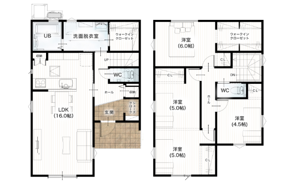 熊本市南区八幡10丁目3号地 30坪 4SSLDK 間取り図 1階床面積 49.27㎡(14.90坪) 2階床面積 52.99㎡(16.02坪) 建物面積 102.26㎡(30.93坪) 土地面積 152.70㎡(46.19坪)