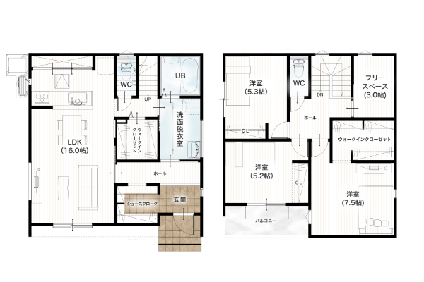 熊本市南区八幡10丁目4号地 31坪 3SSSLDK 間取り図 1階床面積 52.17㎡(15.78坪) 2階床面積 51.34㎡(15.53坪) 建物面積 103.51㎡(31.31坪) 土地面積 156.68㎡(47.39坪)