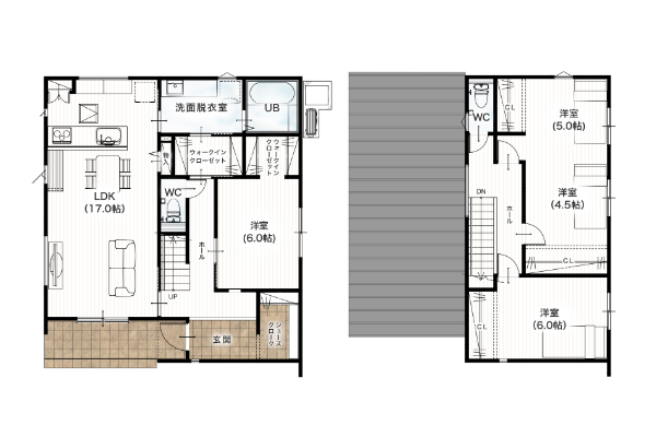 熊本市北区植木町岩野3期5号地 33坪 4SSLDK 間取り図 1階床面積 68.31㎡(20.66坪) 2階床面積 41.40㎡(12.52坪) 建物面積 109.71㎡(33.18坪) 土地面積 202.58㎡(61.28坪)