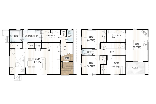 合志市豊岡11号地 33坪 4SLDK 間取り図 1階床面積 54.65㎡（16.53坪） 2階床面積 55.06㎡（16.65坪） 建物面積 109.71㎡（33.18坪） 土地面積 204.92㎡（61.98坪）