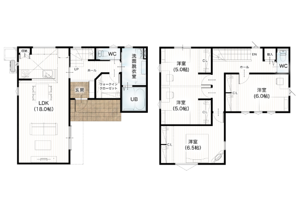 合志市豊岡12号地 33坪 4SLDK 間取り図 1階床面積 51.34㎡（15.53坪） 2階床面積 57.96㎡（17.53坪） 建物面積 109.30㎡（33.06坪） 土地面積 204.91㎡（61.98坪）