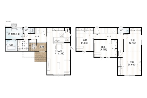 熊本市北区植木町舞尾 31坪 4SSLDK 間取り図 1階床面積 49.68㎡（15.02坪） 2階床面積 52.99㎡（16.02坪） 建物面積 102.67㎡（31.05坪） 土地面積 144.21㎡（43.62坪）