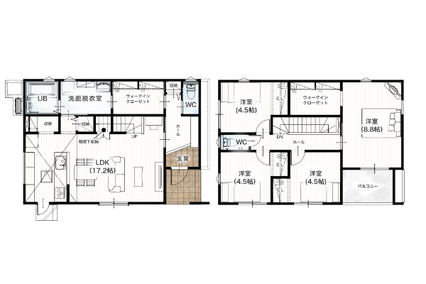 上益城郡益城町砥川5期3号地 33坪 4SLDK 間取り図 1階床面積 54.65㎡（16.53坪） 2階床面積 55.06㎡（16.65坪） 建物面積 109.71㎡（33.18坪） 土地面積 203.00㎡（61.40坪）