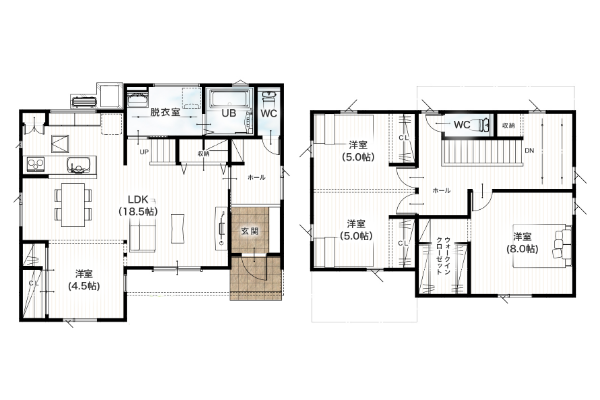 熊本市南区御幸西2丁目 34坪 4LDK 間取り図 1階床面積 60.45㎡（18.28坪） 2階床面積 54.65㎡（16.53坪） 建物面積 115.10㎡（34.81坪） 土地面積 174.06㎡（52.65坪）
