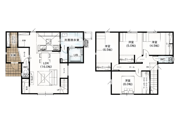 熊本市北区高平2丁目1号地 32坪 4SLDK 間取り図 1階床面積 52.99㎡（16.02坪） 2階床面積 54.65㎡（16.53坪） 建物面積 107.64㎡（32.56坪） 土地面積 164.12㎡（49.64坪）